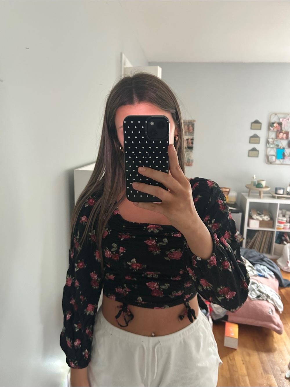 Floral Long-Sleeve Cropped Top - Black with Pink Rose Print